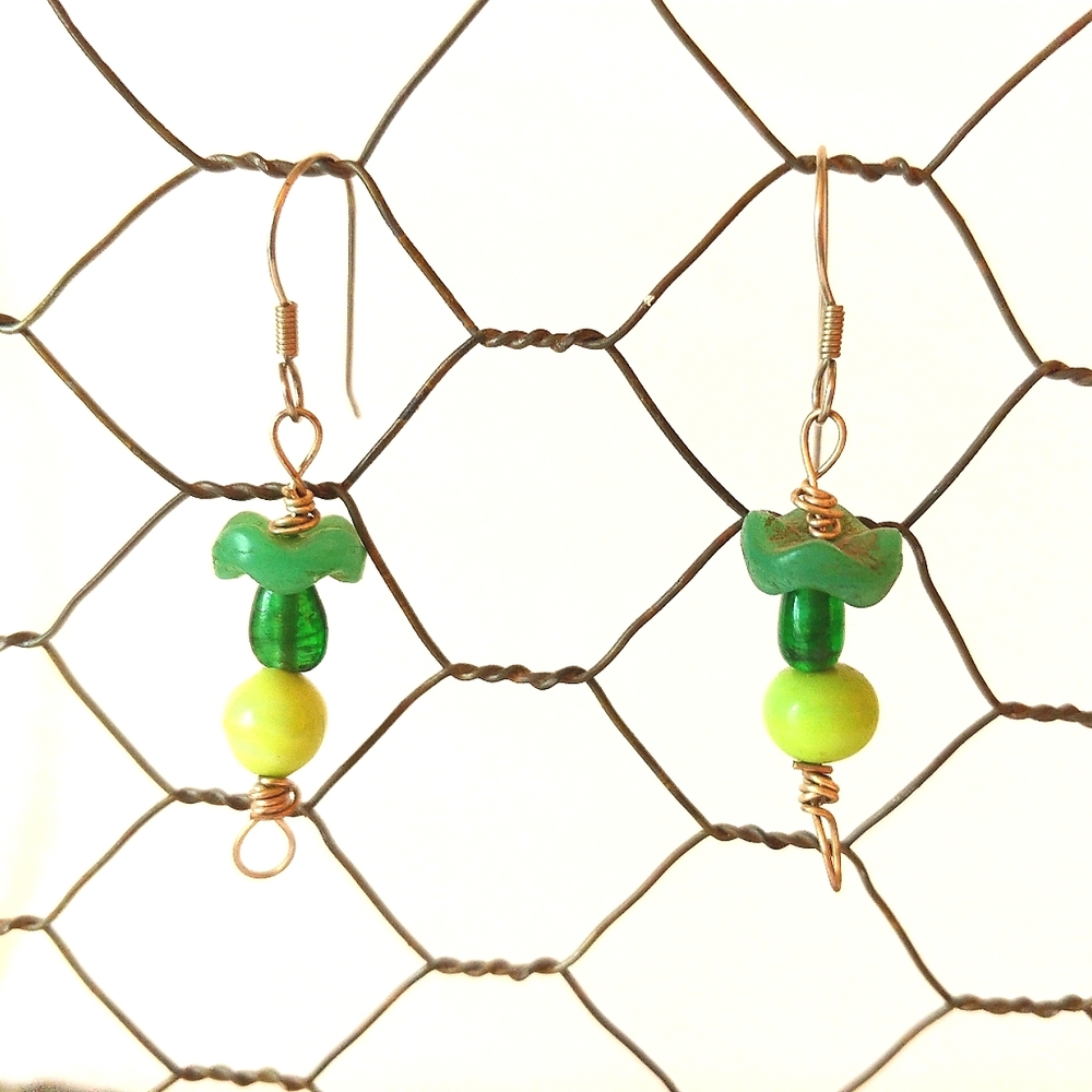 Vintage Handmade Earrings Green Bead Jewelry